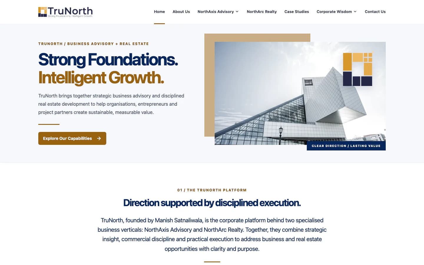 TruNorth India website homepage showing its business advisory and real-estate platform